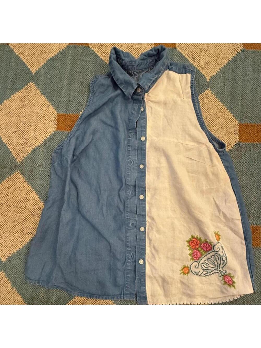 Handmade Blue & white denim button up tank top with vintage embroidery tea towel
